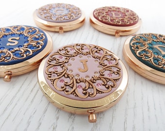 Personalized Compact Mirror | Rose Gold, Crystal Initial, Bridesmaid Gift