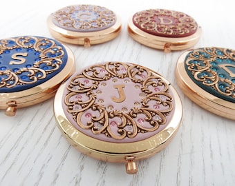 PICK YOUR COLOR | Personalized Bridesmaids Gifts Wedding Party |Rose Gold Compact Mirrors Custom | Real Premium Austrian Crystals