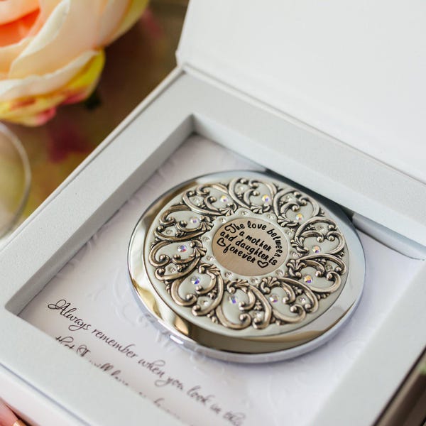 Bride Gift from Mom | Mother and Daughter Compact NEW! Custom Color High-End Mother I love you card Mirror Push Button real Crystals