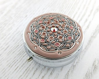 Primrose Pill Box and Silver | Pill Box Case Organizer/ Mint Box with real Crystals and Silver-tone Filigree  Mulitcolored Crystals