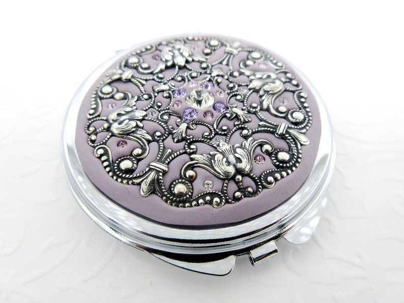 Purple crystal and other purple fashion accessories - Lilac classic centerstone real crystal compact mirror