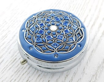 Sapphire Pill Box and Silver | Pill Box Case Organizer/ Mint Box with real Crystals and Silver-tone Filigree  Mulitcolored Crystals