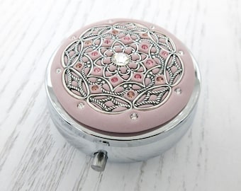 DUSTY PINK | Pill Box Case Organizer/ Mint Box with Real Crystals-Dusty Pink Mulitcolored Crystals