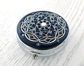 Navy Blue and Silver | Pill Box Case Organizer/ Mint Box with real Crystals and Silver-tone Filigree Pure White Mulitcolored Crystals