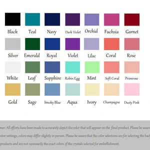 Puede incluir: Una carta de colores con 28 muestras de color, cada una etiquetada con un nombre de color. Los colores incluyen negro, verde azulado, azul marino, violeta oscuro, orqu&iacute;dea, fucsia, granate, plata, esmeralda, real, violeta, lila, coral, rosa, blanco, hoja, zafiro, huevo de petirrojo, menta, coral suave, primavera, oro, salvia, azul ahumado, agua, marfil, champ&aacute;n y rosa empolvado.