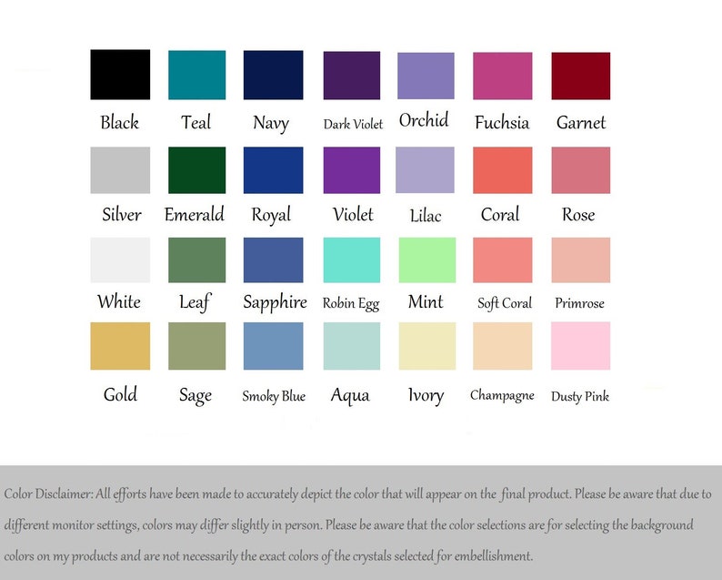 Puede incluir: Una carta de colores con 28 muestras de color, cada una etiquetada con un nombre de color. Los colores incluyen negro, verde azulado, azul marino, violeta oscuro, orqu&iacute;dea, fucsia, granate, plata, esmeralda, real, violeta, lila, coral, rosa, blanco, hoja, zafiro, huevo de petirrojo, menta, coral suave, primavera, oro, salvia, azul ahumado, agua, marfil, champ&aacute;n y rosa empolvado.