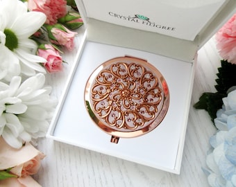 PICK YOUR COLOR | Rose Gold Compact Mirror | Classic Rose Gold Filigree | Ornate Design and Real Crystals