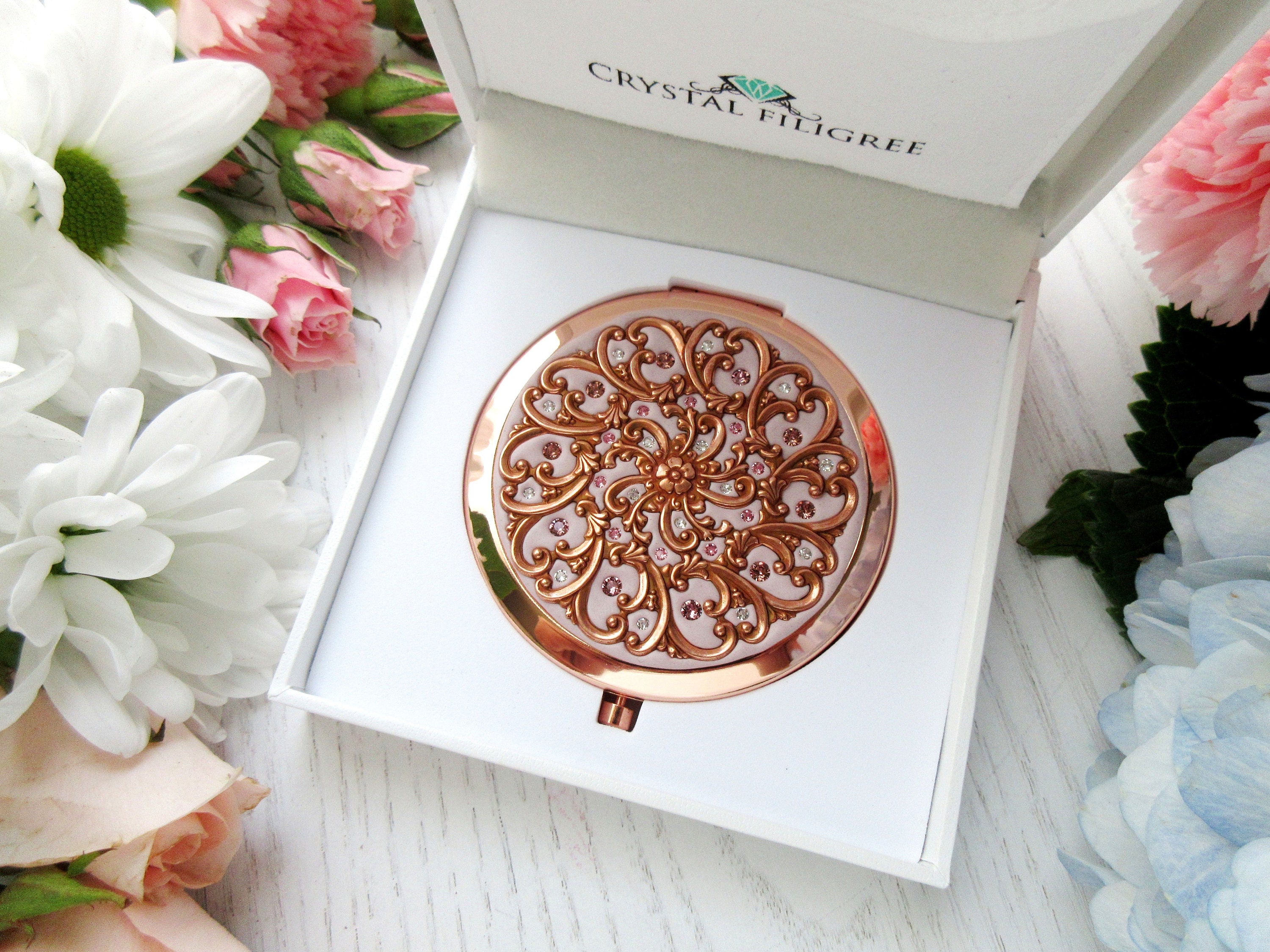 PICK YOUR COLOR Rose Gold Compact Mirror Classic Rose Gold Filigree Ornate Design and Real Crystals