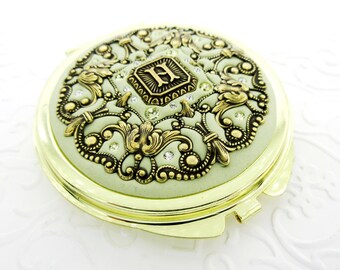 IVORY | Gold Compact Mirror Personalized Bridesmaids Ivory Wedding Gift Wedding Party Compact Mirror with Free Gift Wrap