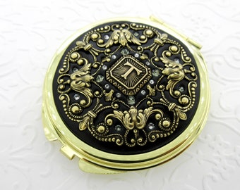 BLACK | Gold Compact Mirror Personalized Bridesmaids Black Gift Wedding Party Compact Mirror with Free Gift Wrap