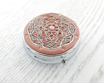 Soft Coral Silver Pill Box | Pill Box Case Organizer/ Mint Box with real Crystals and Silver-tone Filigree  Mulitcolored Crystals