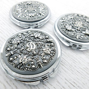SILVER GRAY | Bridesmaid Gift Grey and Silver, Gray Wedding, Custom Personalized Compact Mirror , Wedding Party
