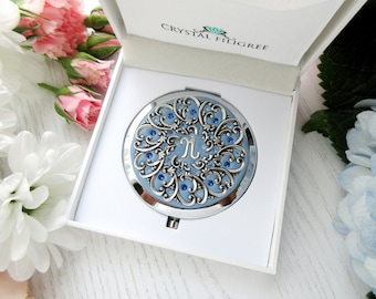 Something Blue for Bride from Mom | Custom Personalized Compact Mirror Push Button, Initial Script Letter and Color, with Real Crystals