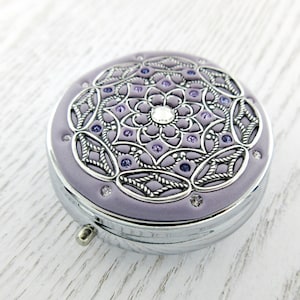 Lilac Pill Box and Silver | Pill Box Case Organizer/ Mint Box with real Crystals and Silver-tone Filigree  Mulitcolored Crystals