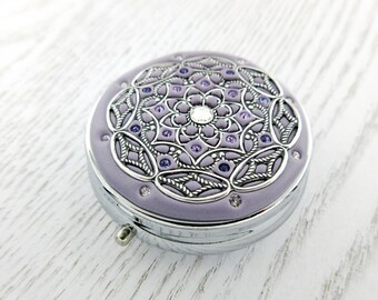 Lilac Pill Box and Silver | Pill Box Case Organizer/ Mint Box with real Crystals and Silver-tone Filigree  Mulitcolored Crystals