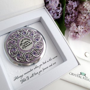 Cadeau mère-à-être pour fils | Cadeau nouvelle maman | Compact mère et fils NOUVEAU ! |  Carte mère, je t'aime, bouton-poussoir miroir, avec vrais cristaux