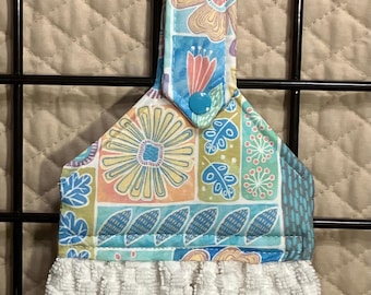 White Hanging Kitchen Towel with teal Cotton Topper, Snap Closure