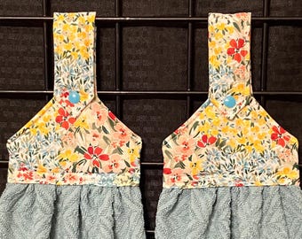 Dark Teal Hanging Kitchen Towel: Floral Topper, Snap Closure