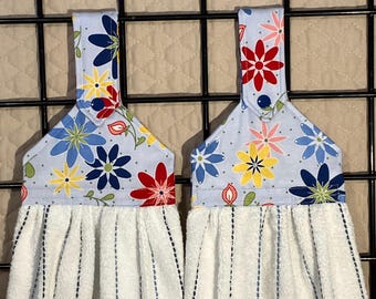 Floral Topper Hanging Kitchen Towel: white with blue stripes Oven Towel