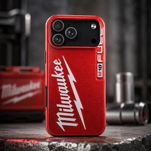 May include: A bright red smartphone case featuring the white Milwaukee logo printed vertically, with the text M18 FUEL displayed in a white box on the right side. The case has a black camera cutout area with three circular lens openings.