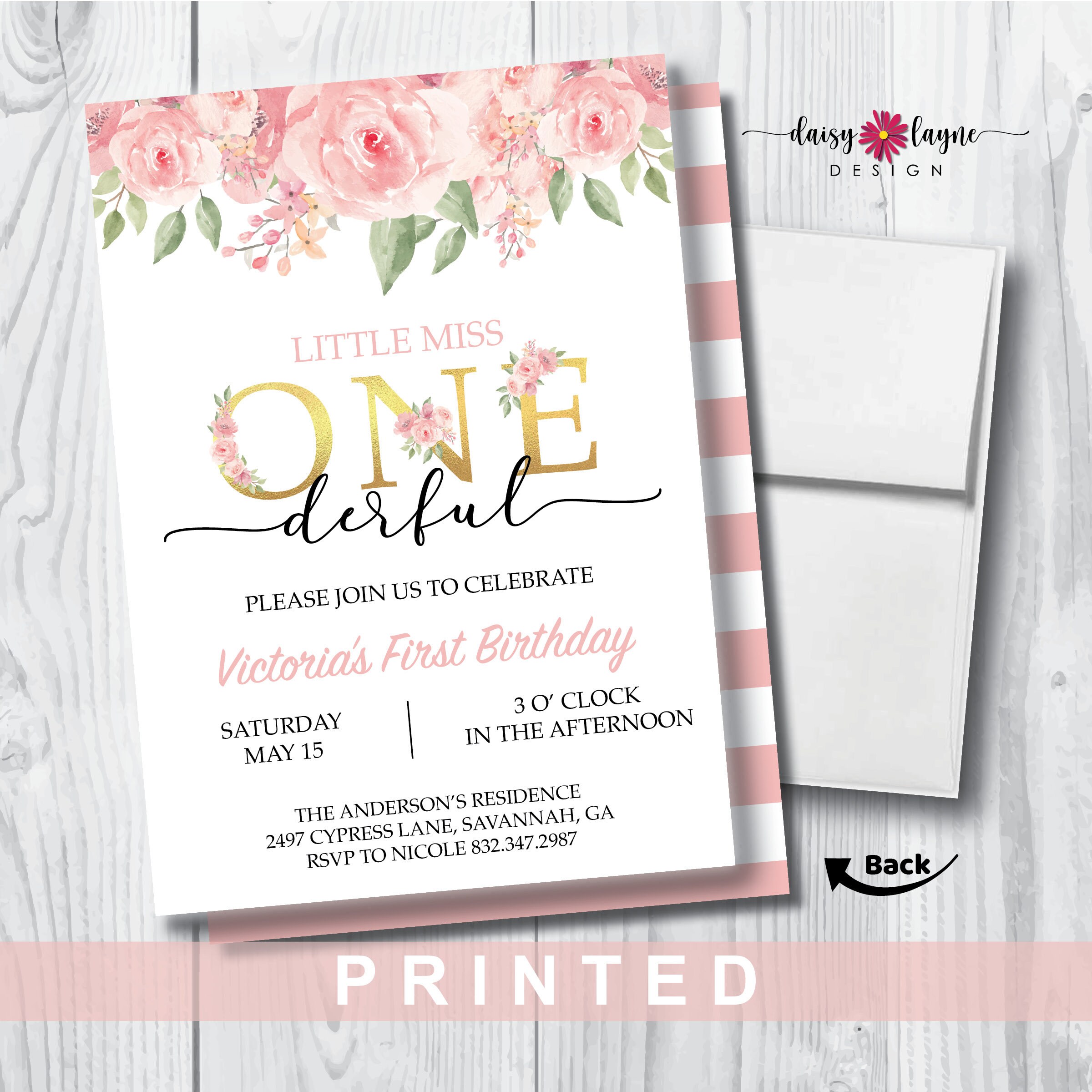 PRINTED Birthday Invitations Birthday Invitations Little Miss Onederful First Birthday Flowers