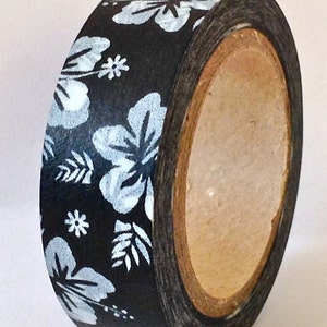 Sale HAWAIIAN HIBISCUS Floral Washi Tape White on Black 15mm 