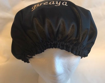 Personalized black satin reversible bonnet