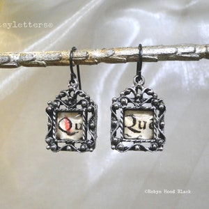 Antique Text Small Glass Cab Earrings in Pewter Settings - Qu