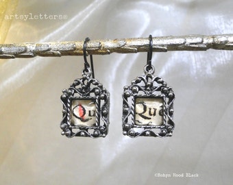 Antique Text Small Glass Cab Earrings in Pewter Settings - Qu