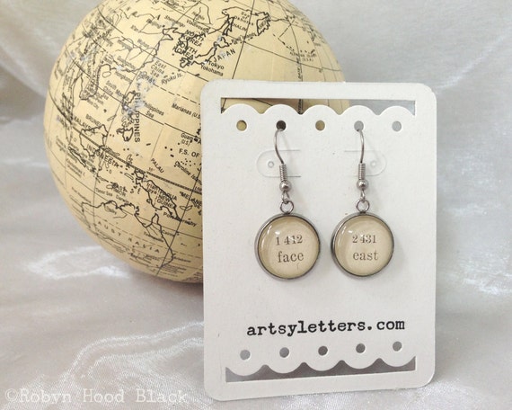 Antique 1891 Typewriter Manual Text Upcycled Earrings Face East
