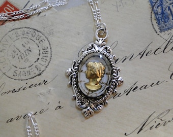 Vintage Gold Cameo Intaglio Cabochon Necklace with Antique French Writing and Sterling Silver Chain