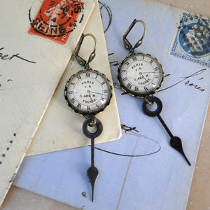 Orecchini con quadrante di orologio antico di Parigi, Francia, con lancette di orologio vintage