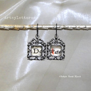 Antique Text Small Glass Cab Earrings in Pewter Settings - D and Pate