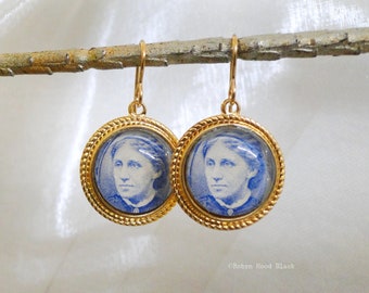 Louisa May Alcott Little Women Author Vintage Stamp Earrings in Vintage Raw Brass Bezels