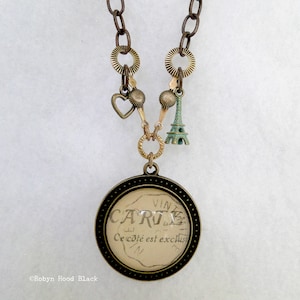 French Carte Postale Necklace with Antique Text and Charms