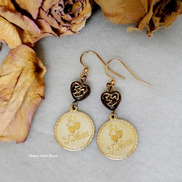 Je T'aime Earrings Brass with Gilded Purple Glass Hearts