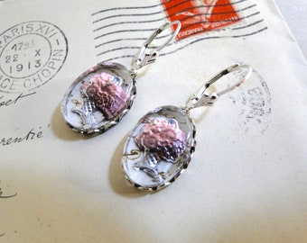 Pink Floral Vintage Intaglio Glass Cabochon & Antique French Writing Earrings with Sterling Lever backs