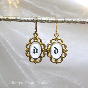 Letter D Earrings Hand Stamped Vintage Letterpress Gothic Font in Vintage Brass Settings