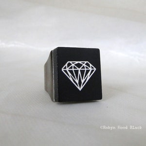 Diamond Scrabble Tile Ring Wide Gunmetal Band