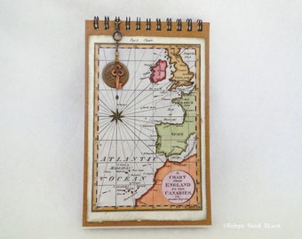 Atlantic Ocean Europe Map Upcycled Journal Sketchbook - Antique Map Mariners Compass Image with Charms