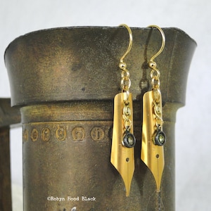Vintage Pen Nib Earrings with Blue-Green Swarovski Drops