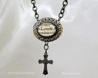 Long Brass Necklace with Antique Text and Vintage Cross