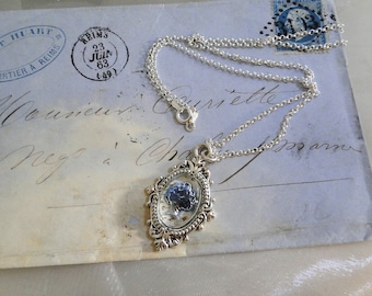 Vintage Blue and Silver Floral Intaglio Cabochon Necklace with Sterling Silver Chain