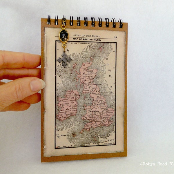 British Isles Map Upcycled Journal Sketchbook - Antique Map Image British Isles with Charms