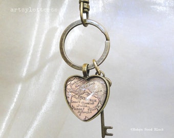 Vintage Edinburgh Scotland Map Image Keychain with Heart Cab and Key Charm