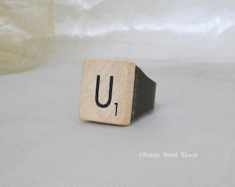 Scrabble Tile Ring Letter U Wide Brass Band