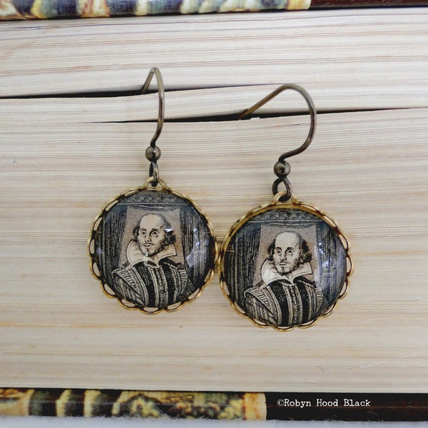 William Shakespeare Earrings - Glass Cabochons with Vintage Postage Stamps