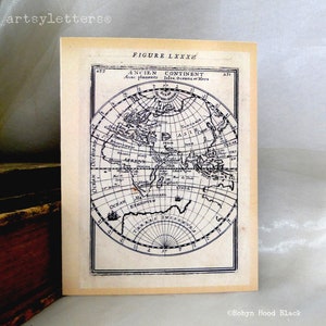 May include: A vintage map of the world, titled "ANCIEN CONTINENT" with the text "FIGURE LXXX" at the top. The map is printed in black ink on a cream-colored paper.
