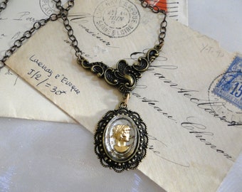 Vintage Gold Intaglio Glass Cameo over Antique French Manuscript Brass Necklace