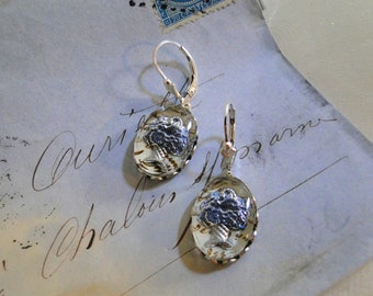 Blue Floral Vintage Intaglio Glass Cabochon & Antique French Writing Earrings with Sterling Lever backs